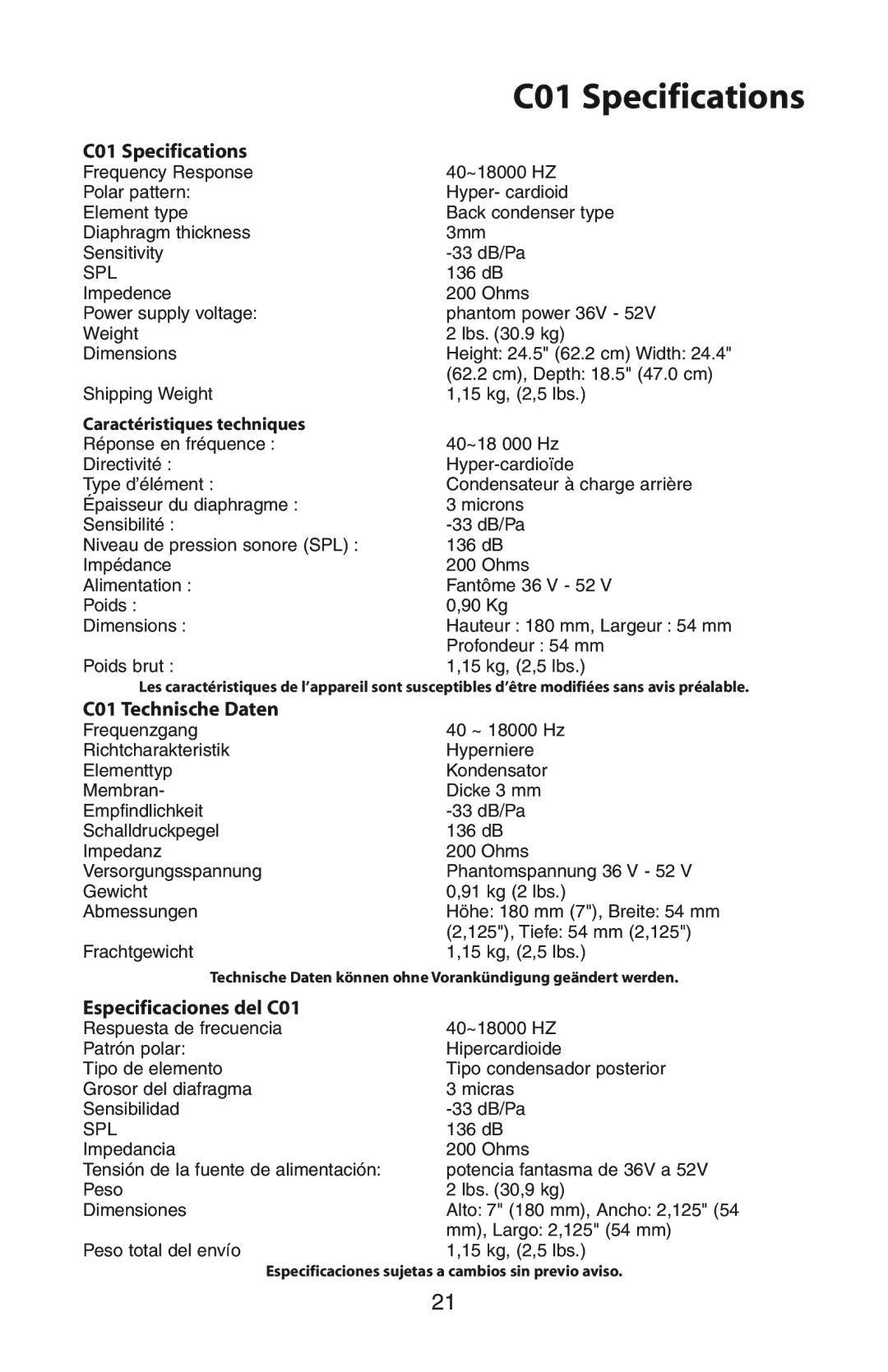 Samson manual C01 Specifications, C01 Technische Daten, Especificaciones del C01 