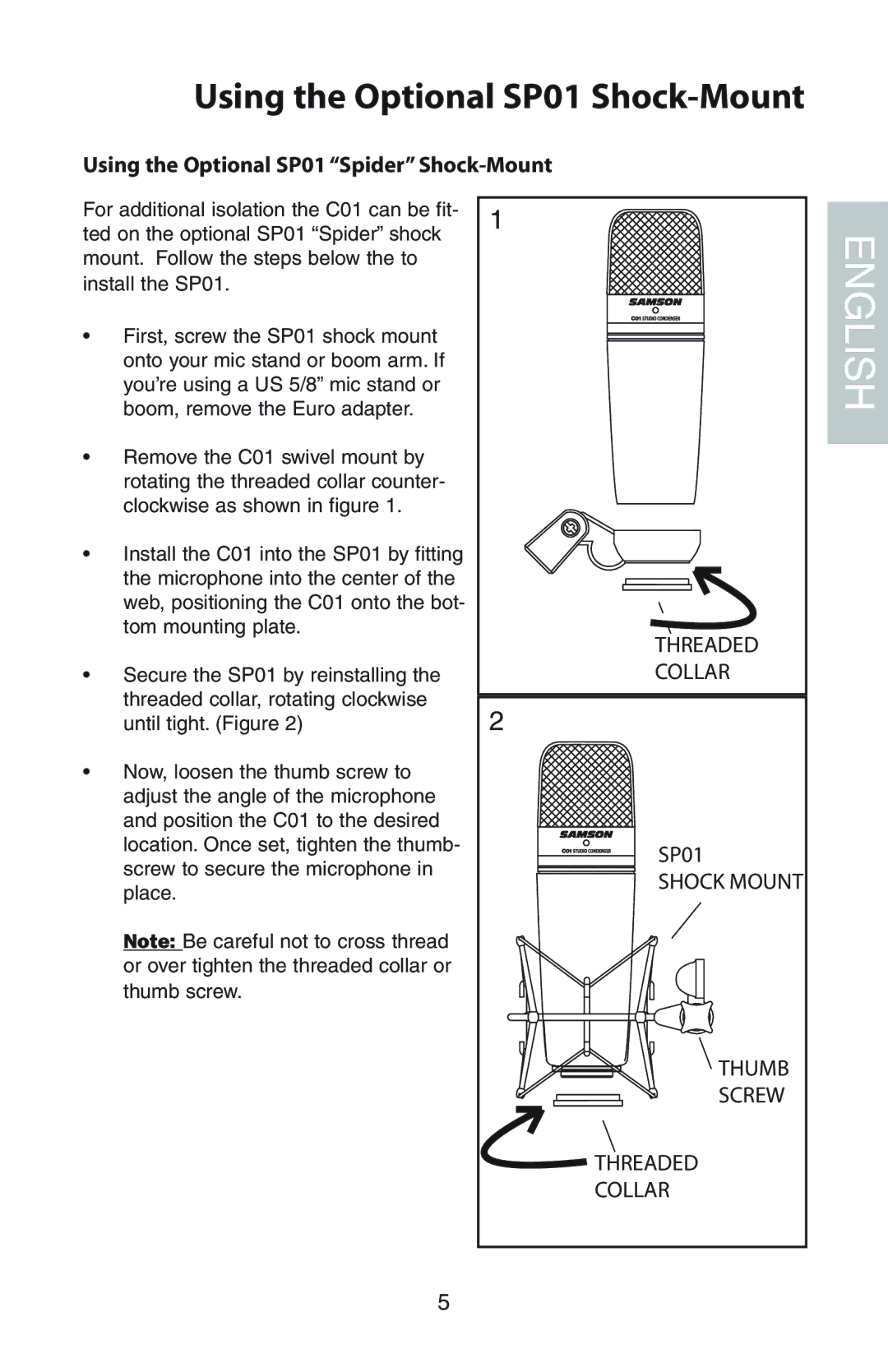 Samson C01 manual Using the Optional SP01 Shock-Mount, Using the Optional SP01 Spider Shock-Mount 