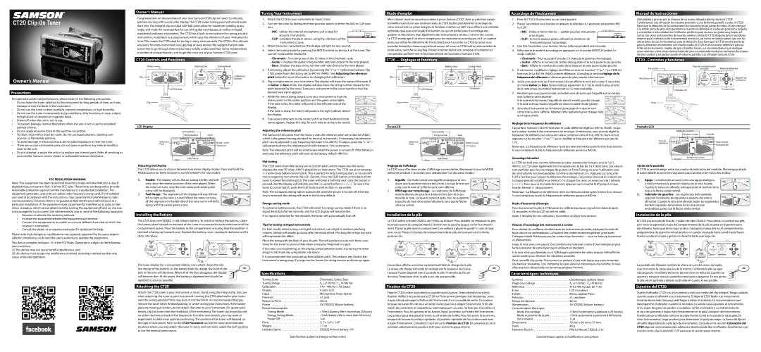 Samson CT20 owner manual Tuning Your Instrument, Mode d’emploi, Accordage de l’instrument, Manual de instrucciones 