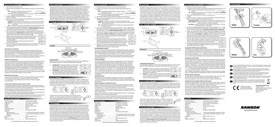 Samson Afinación de su instrumento, Bedienungsanleitung, CT20 Regler und Funktionen, Instrument stimmen, Manuale d’Uso 