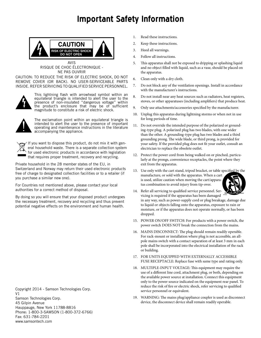 Samson D1200, D1500 owner manual Important Safety Information, Avis Risque DE Choc Électronique NE PAS Ouvrir 