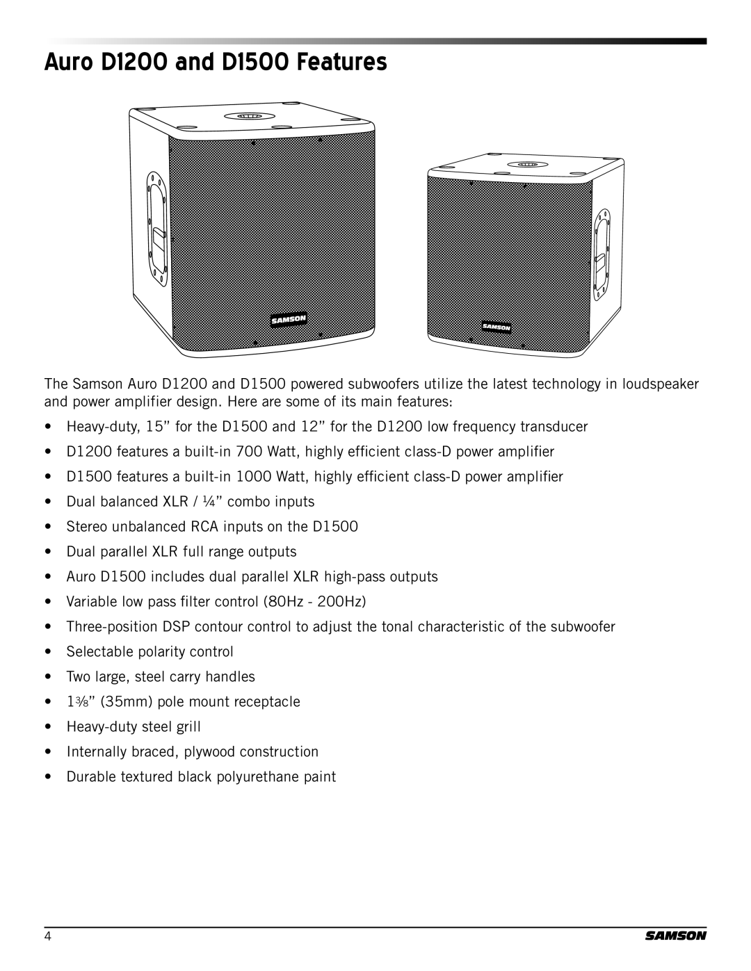 Samson owner manual Auro D1200 and D1500 Features 