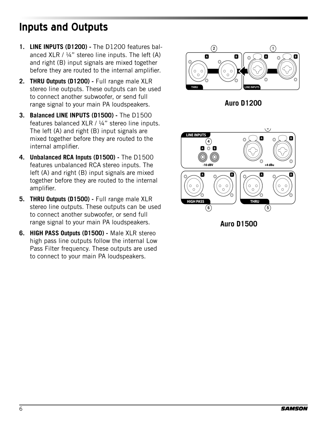 Samson D1200, D1500 owner manual Inputs and Outputs 