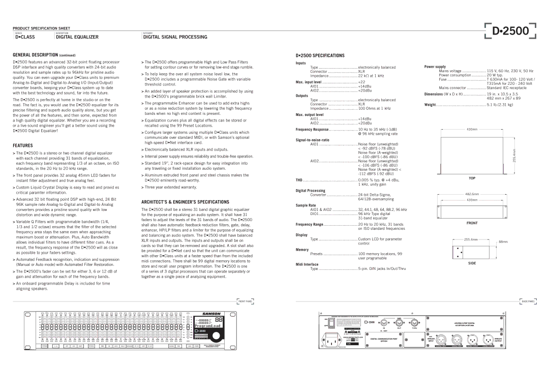 Samson D1500 specifications D2500 Specifications, ARCHITECT’S & ENGINEER’S Specifications 