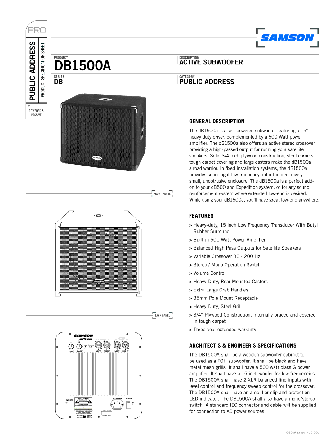 Samson DB1500A specifications Active Subwoofer, Public Address 