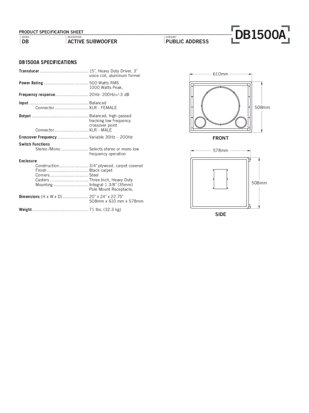 Samson specifications DB1500A Specifications, Switch Functions, Enclosure 