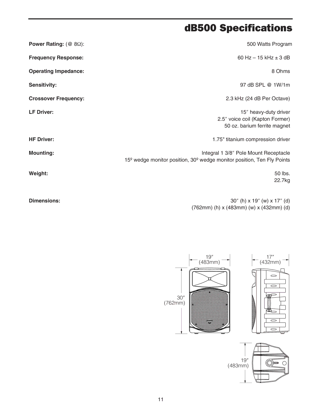 Samson dB500 manual DB500 Specifications, Mounting 