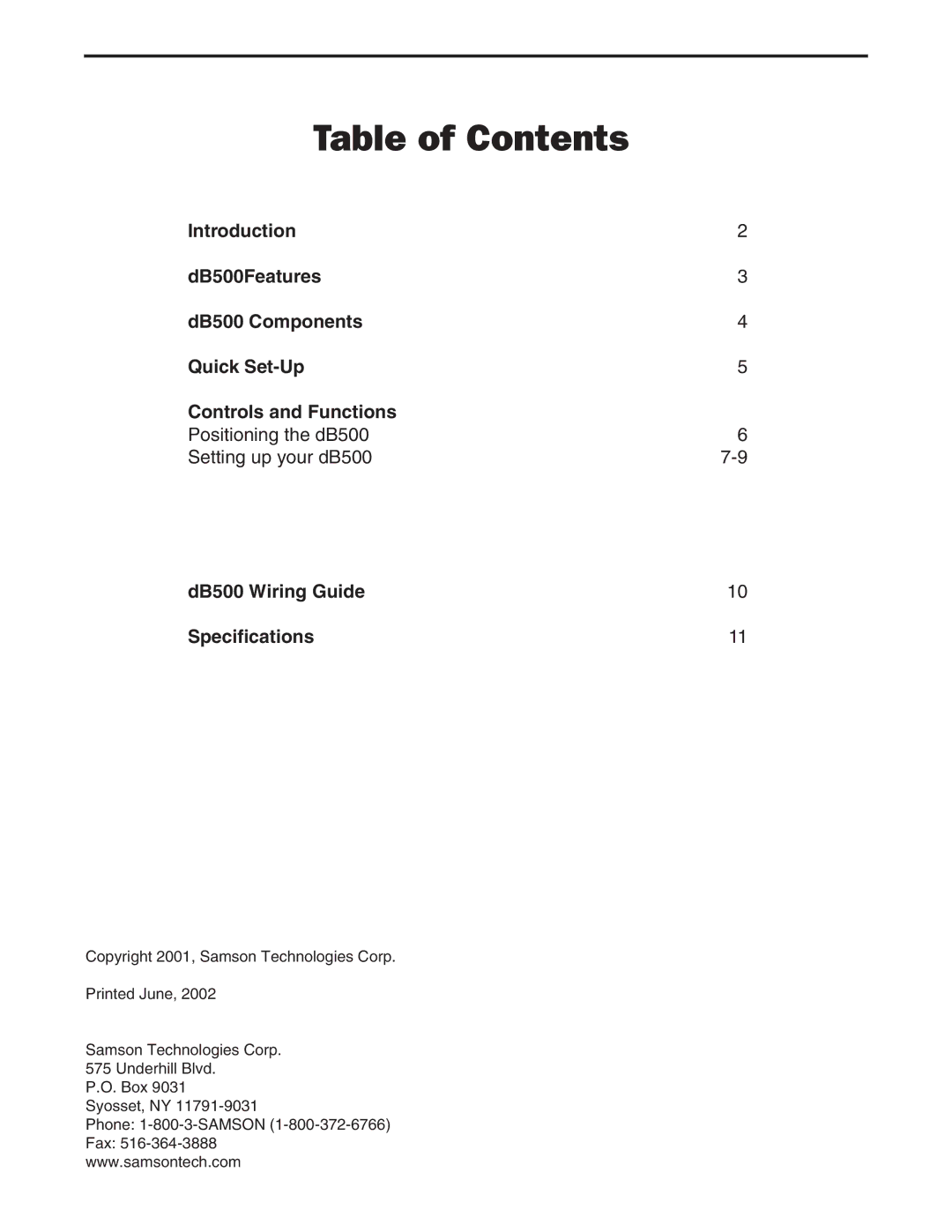 Samson dB500 manual Table of Contents 