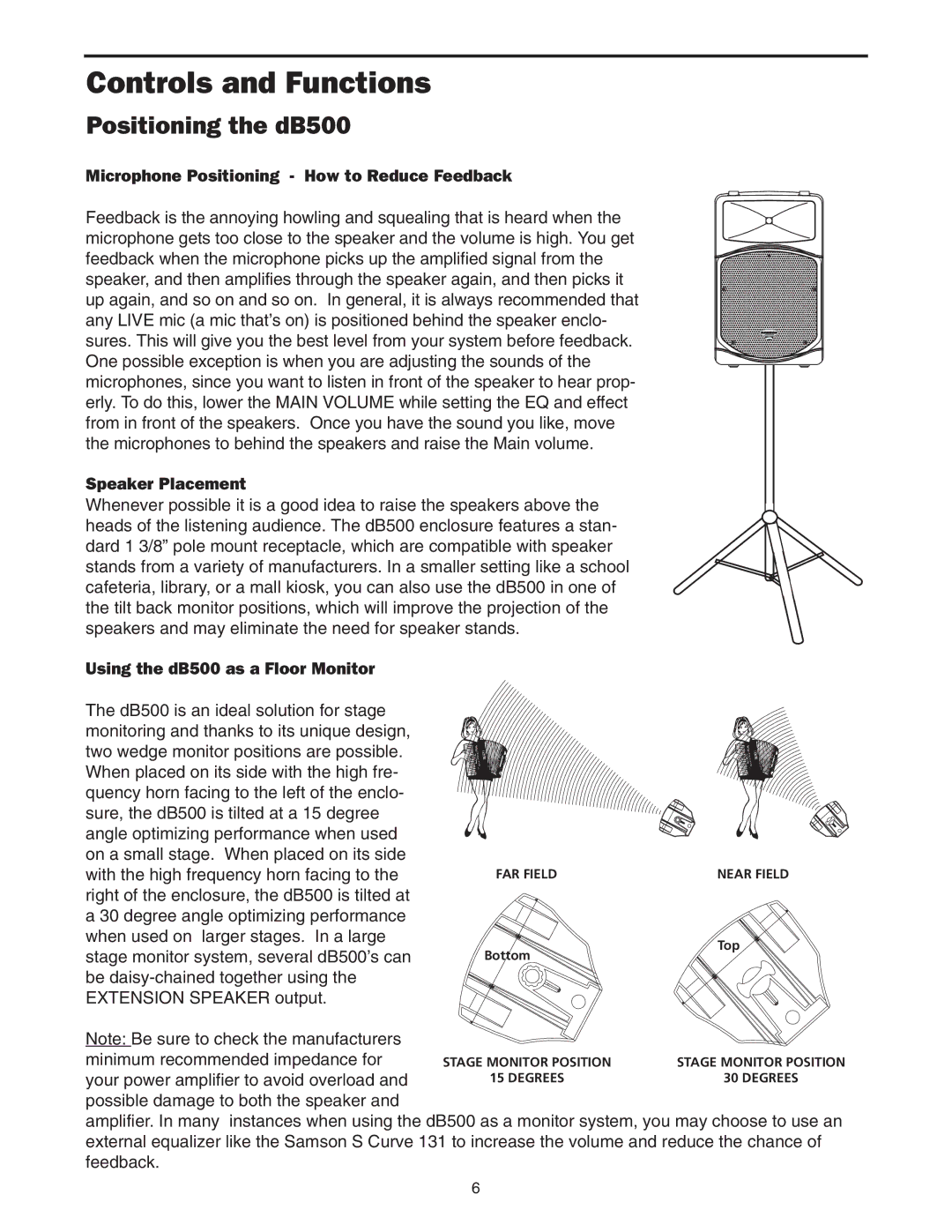 Samson manual Controls and Functions, Positioning the dB500 