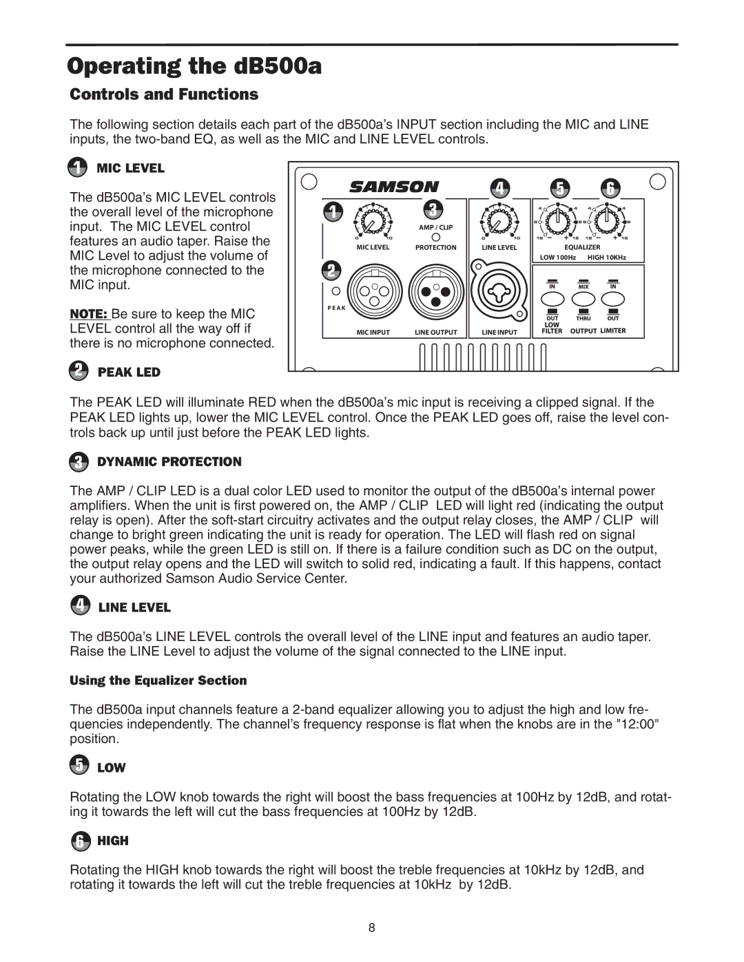 Samson manual Operating the dB500a, Using the Equalizer Section 