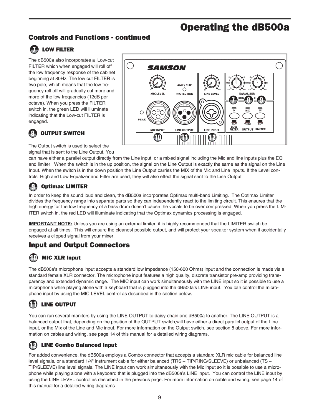 Samson dB500a manual Optimax Limiter, MIC XLR Input, Line Combo Balanced Input 