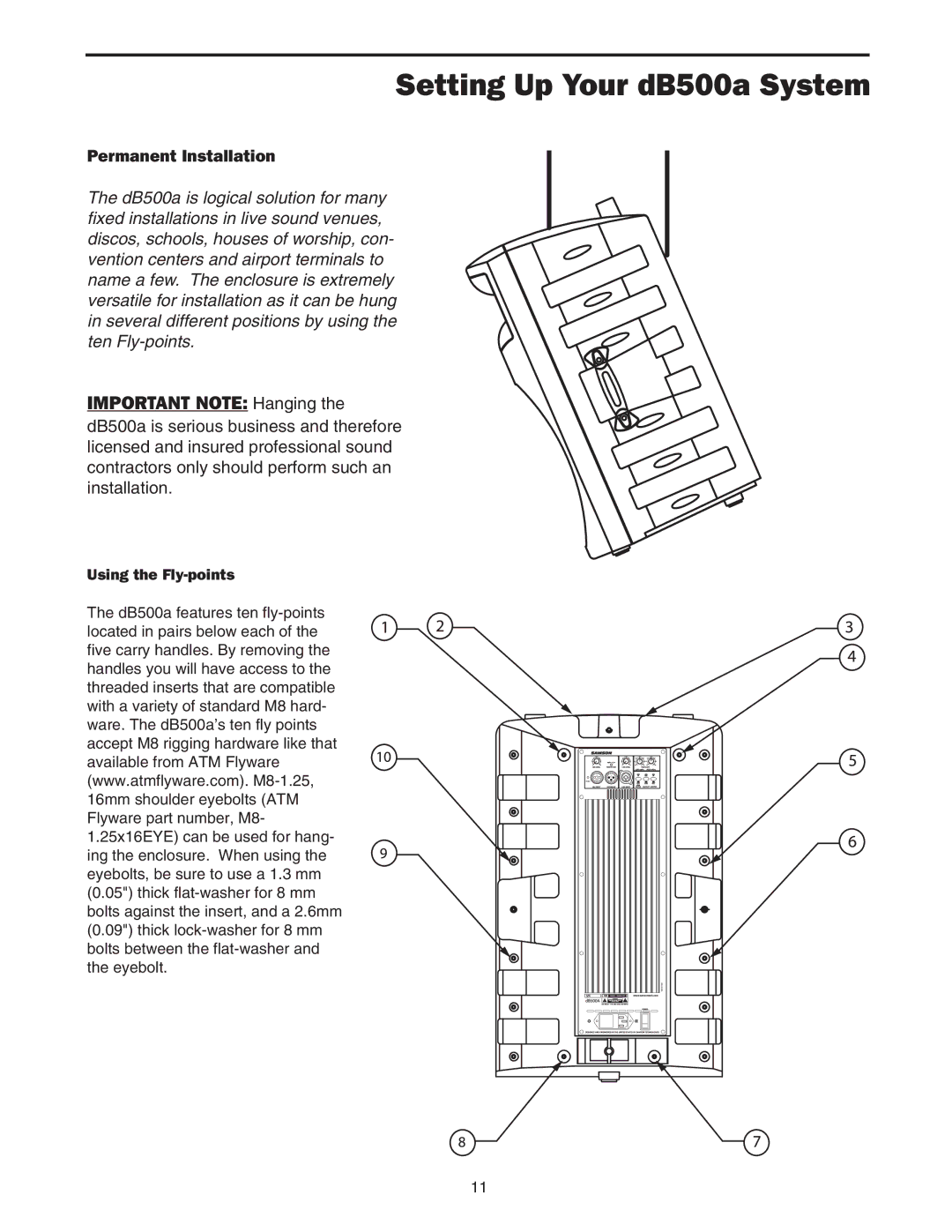 Samson dB500a manual Important Note Hanging, Permanent Installation 