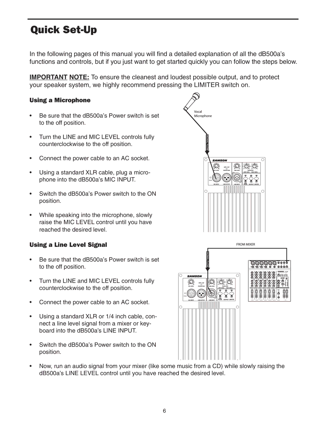 Samson dB500a manual Quick Set-Up, Using a Microphone, Using a Line Level Signal 