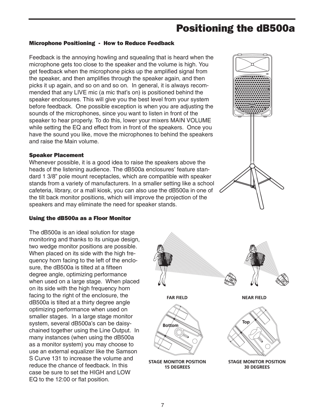Samson manual Positioning the dB500a, Microphone Positioning - How to Reduce Feedback, Speaker Placement 