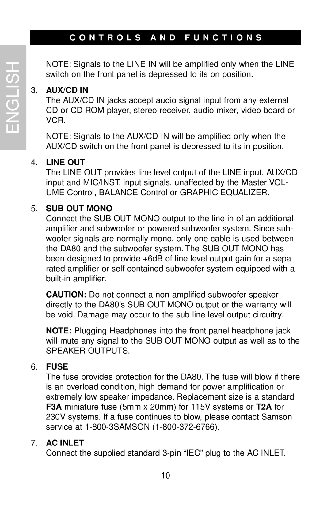 Samson DMS80 owner manual Aux/Cd, Line OUT, SUB OUT Mono, Fuse, AC Inlet 