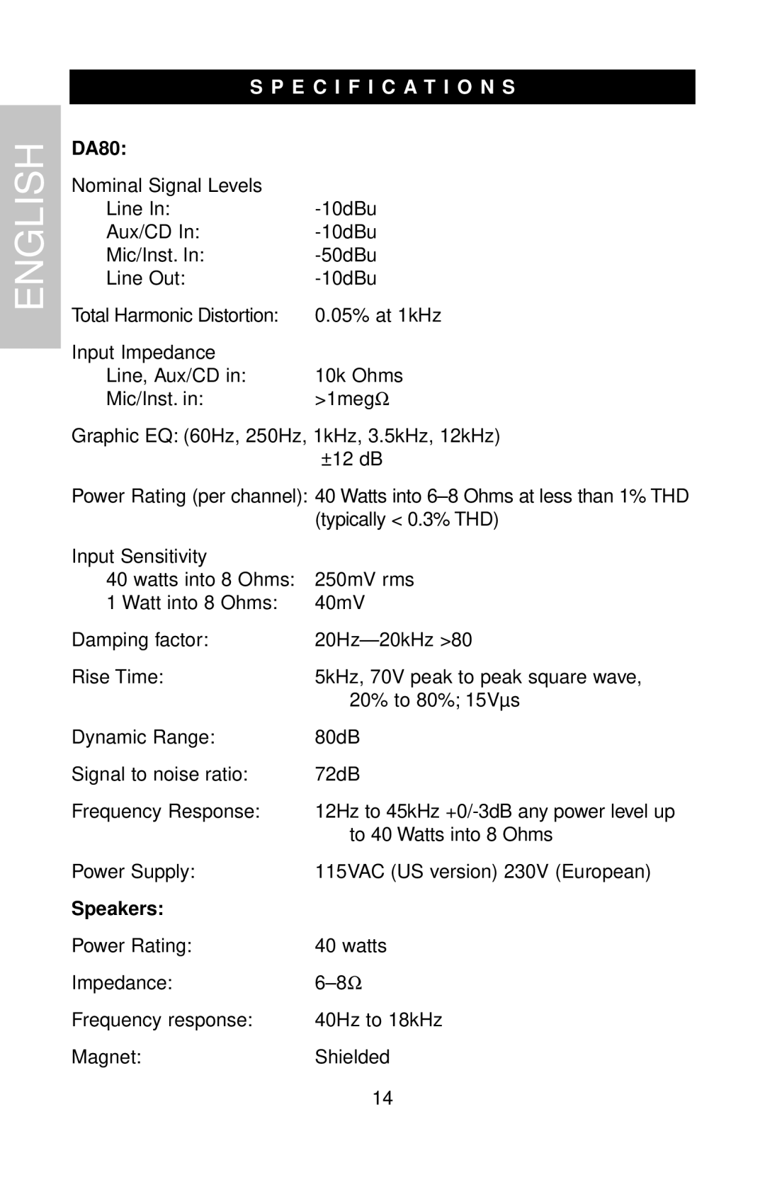 Samson DMS80 owner manual Specification S, DA80, Speakers 