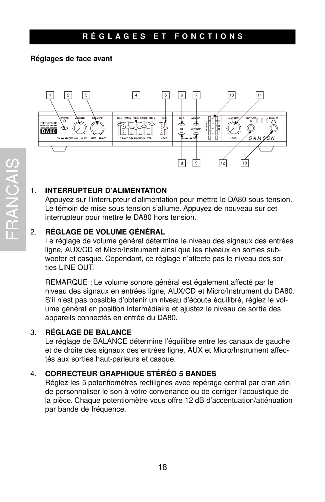 Samson DMS80 owner manual G L a G E S E T F O N C T I O N S, Interrupteur D’ALIMENTATION, RÉ Glage DE Volume GÉ NÉ RAL 