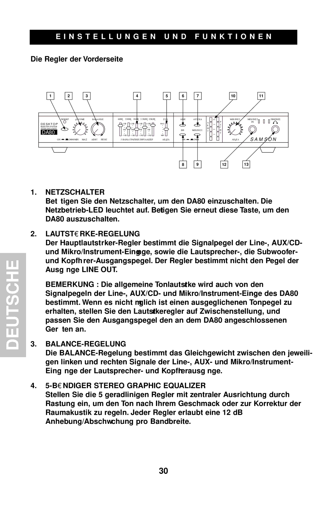 Samson DMS80 N S T E L L U N G E N U N D F U N K T I O N E N, Netzschalter, Lautstä RKE-REGELUNG, Balance-Regelung 