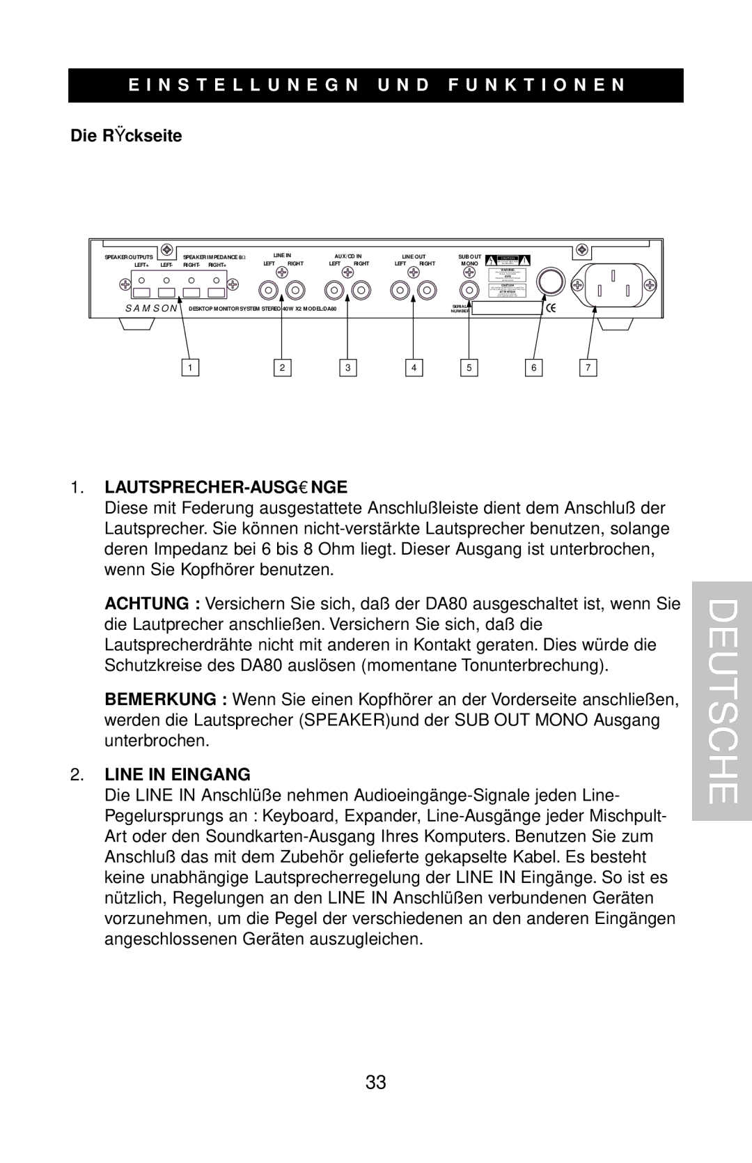 Samson DMS80 N S T E L L U N E G N U N D F U N K T I O N E N, Die Rü ckseite, Lautsprecher-Ausgä Nge, Line in Eingang 