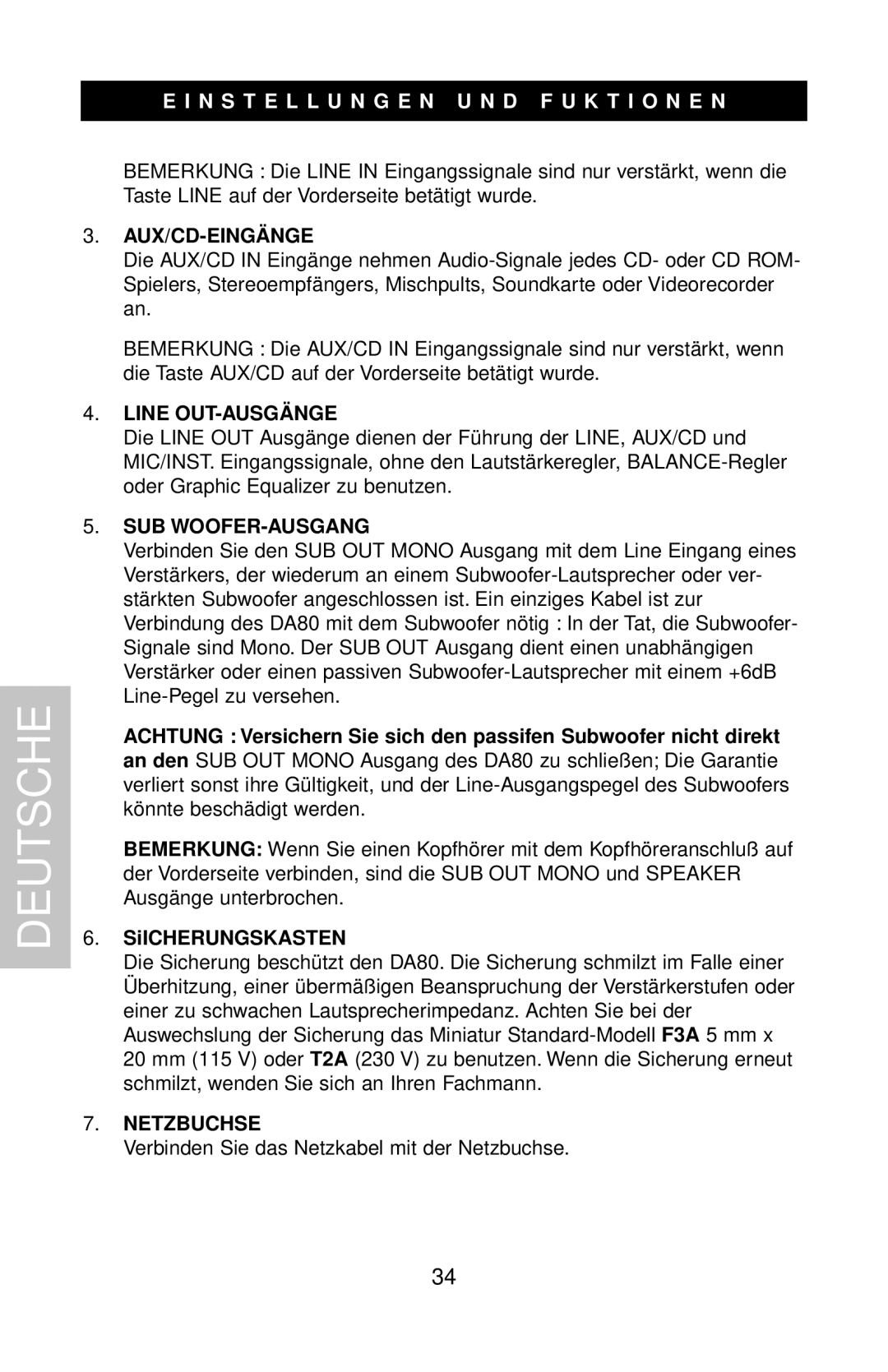 Samson DMS80 N S T E L L U N G E N U N D F U K T I O N E N, Aux/Cd-Eingä Nge, Line OUT-AUSGÄ NGE, Sub Woofer-Ausgang 