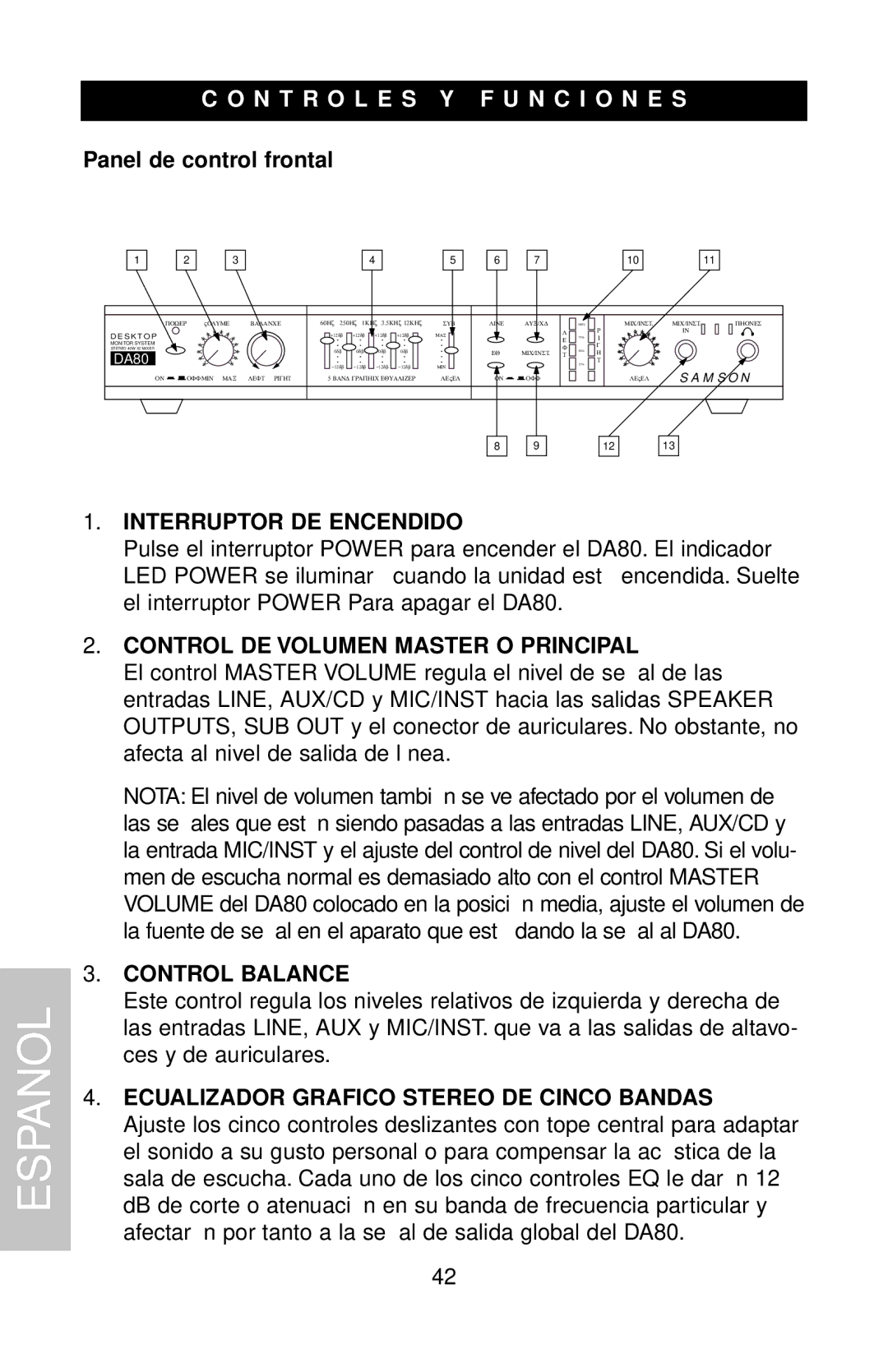 Samson DMS80 N T R O L E S Y F U N C I O N E S, Interruptor DE Encendido, Control DE Volumen Master O Principal 