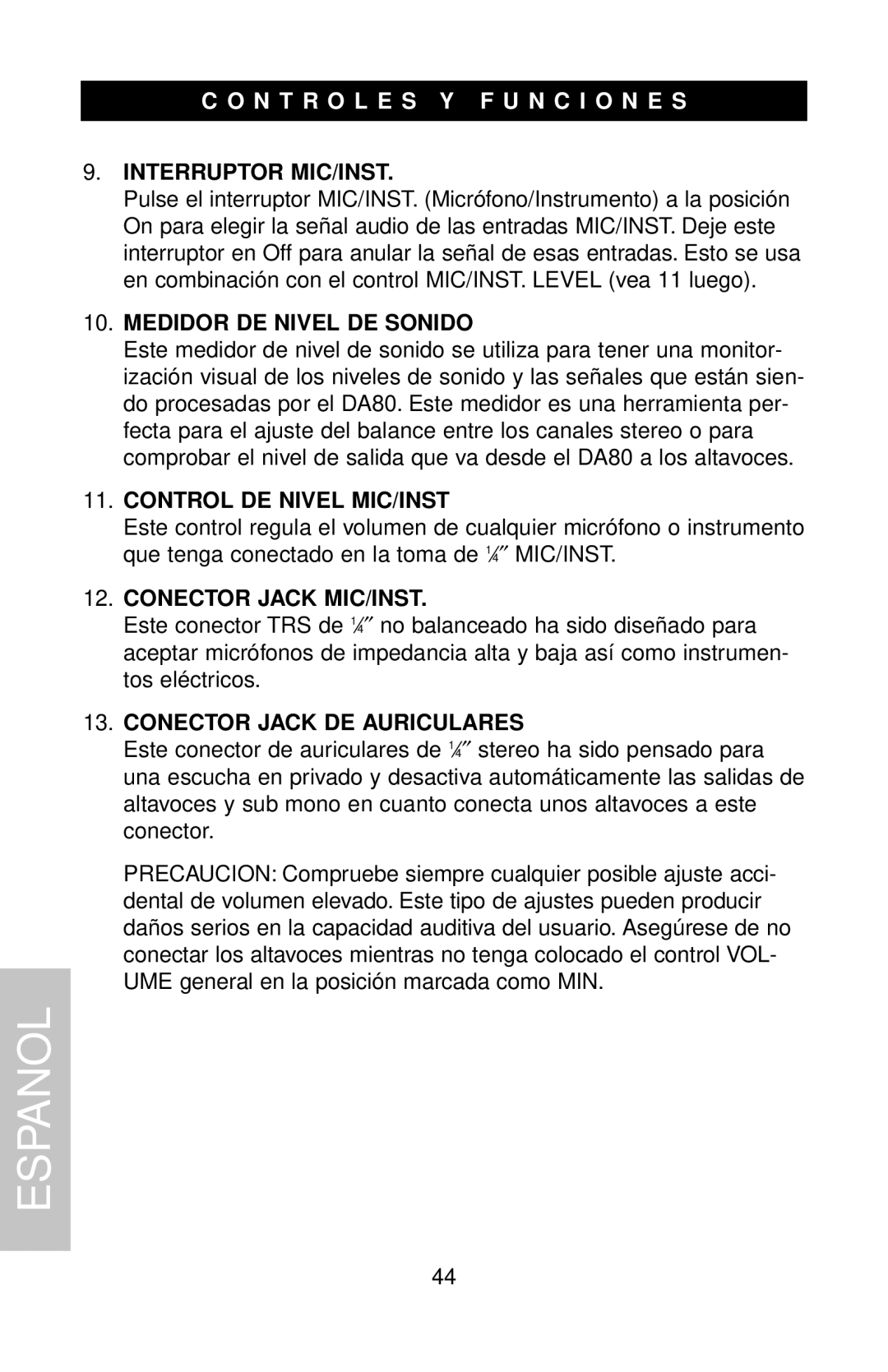 Samson DMS80 Interruptor MIC/INST, Medidor DE Nivel DE Sonido, Control DE Nivel MIC/INST, Conector Jack MIC/INST 