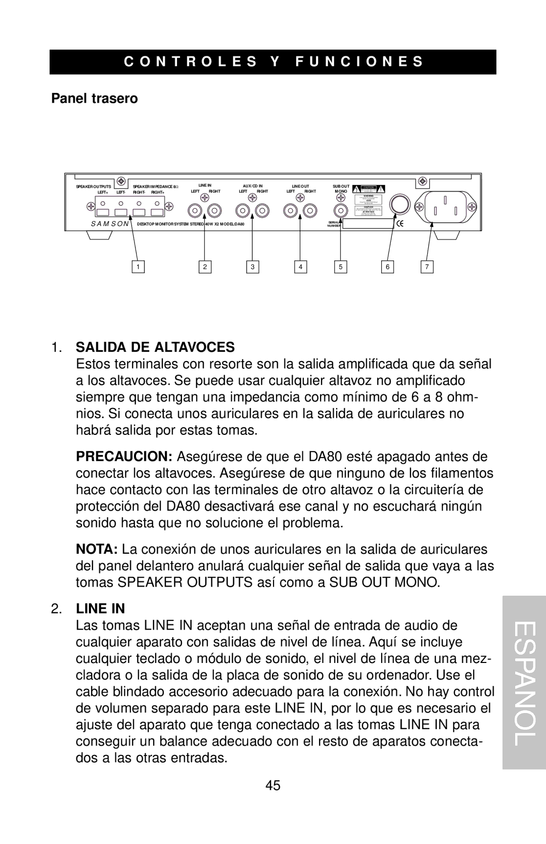 Samson DMS80 owner manual Panel trasero, Salida DE Altavoces 