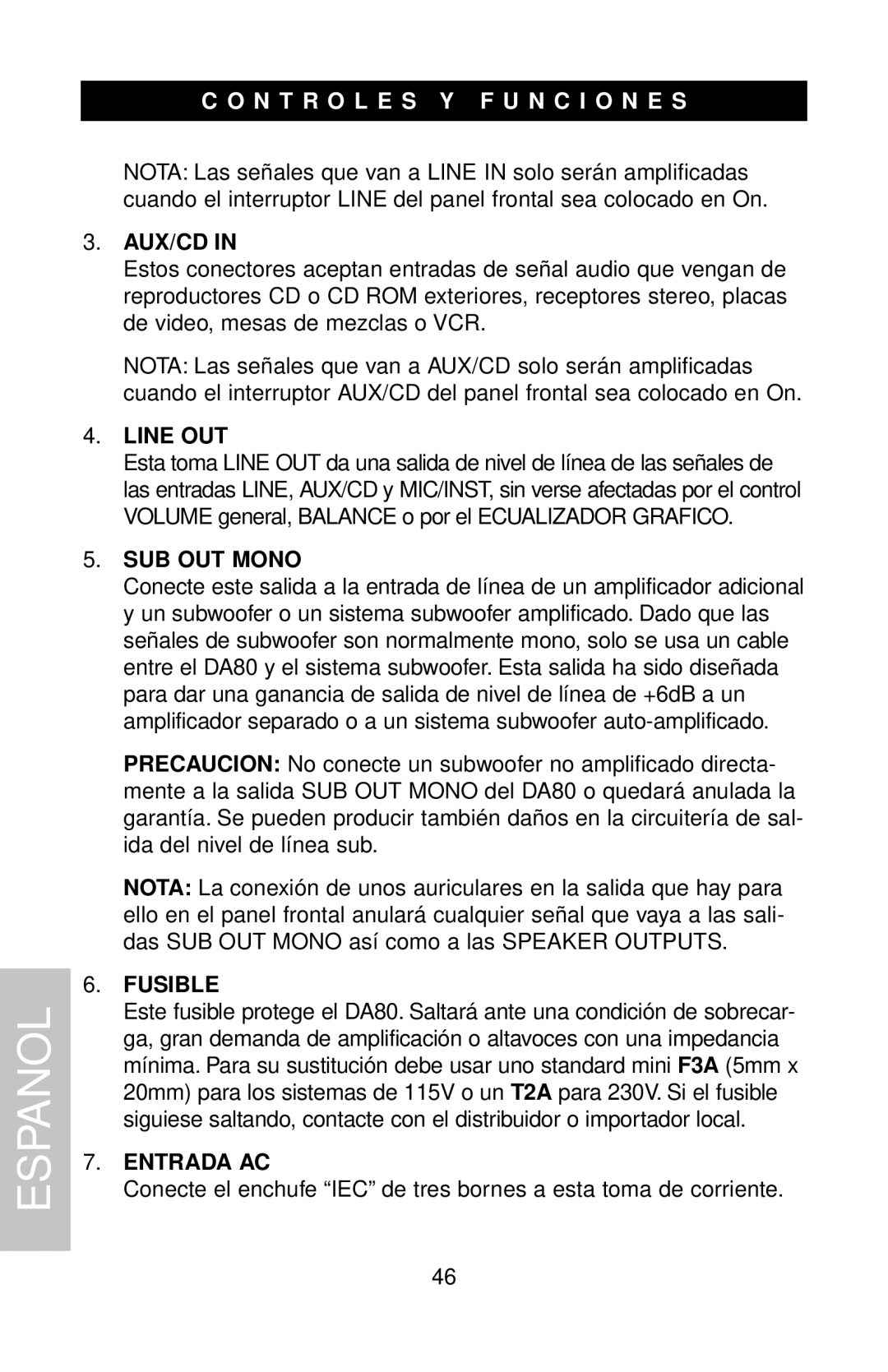 Samson DMS80 owner manual Fusible, Entrada AC 