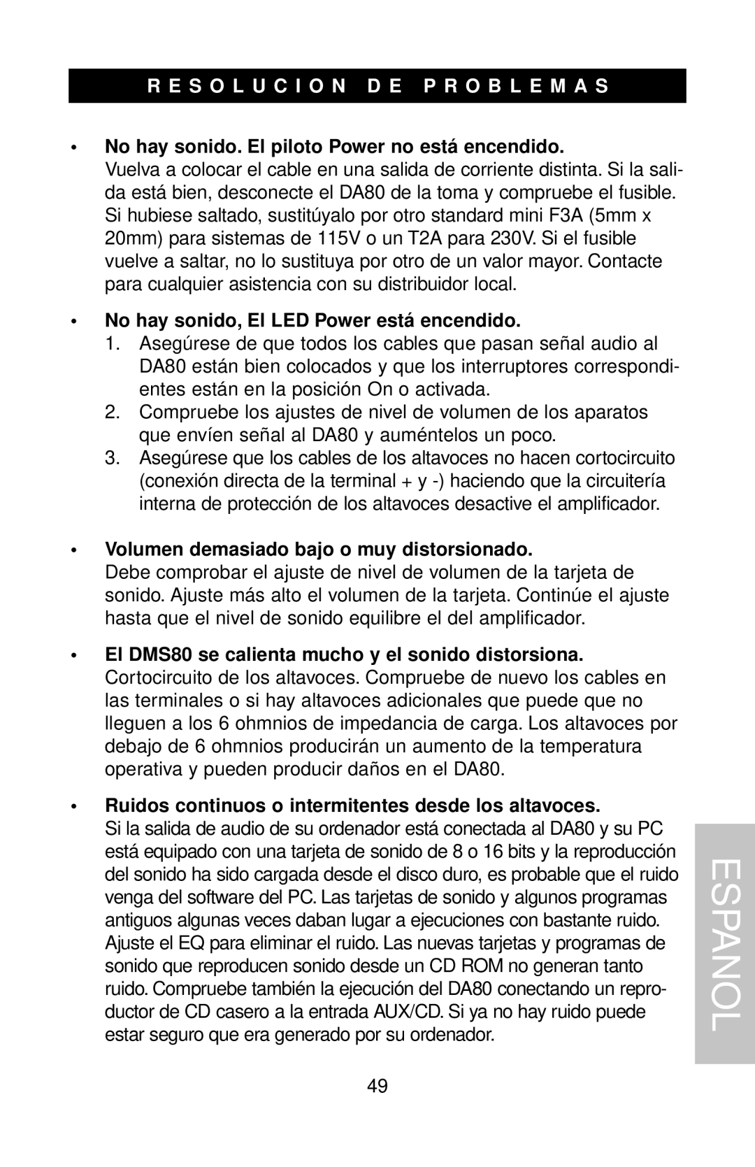 Samson DMS80 owner manual S O L U C I O N D E P R O B L E M a S, No hay sonido. El piloto Power no está encendido 