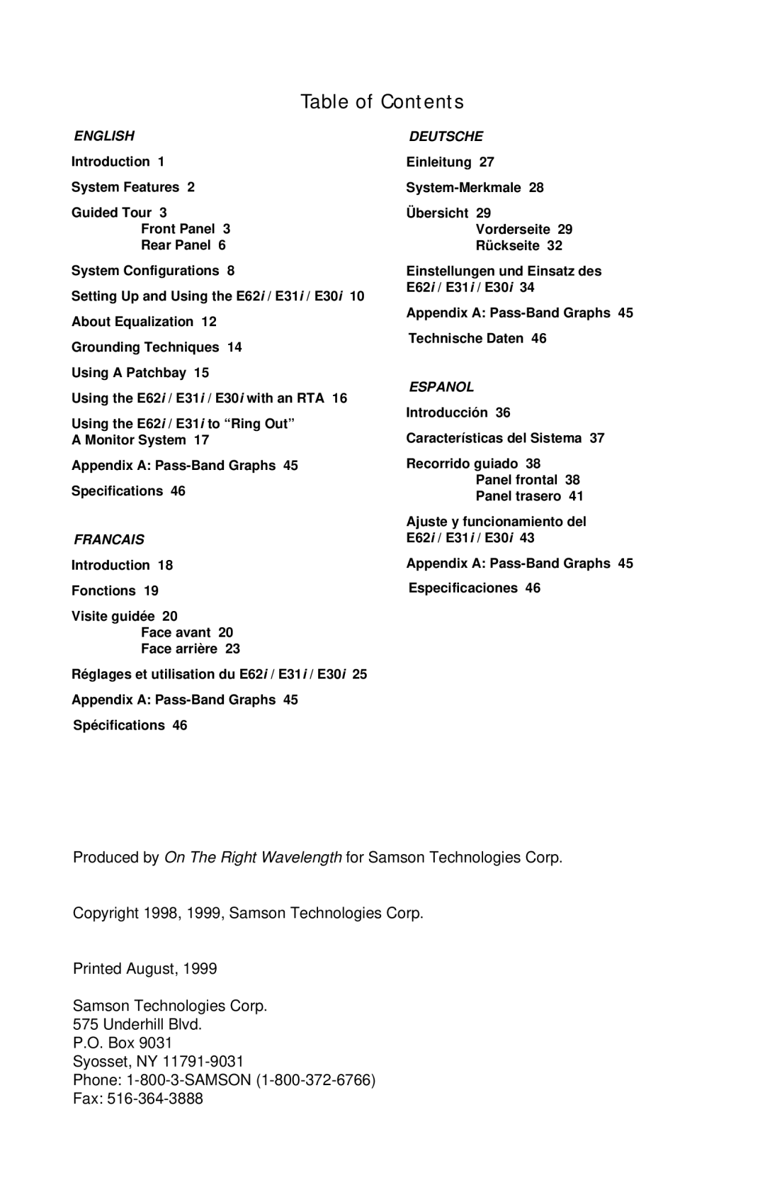 Samson E30I, E31I, E62I manual Table of Contents 