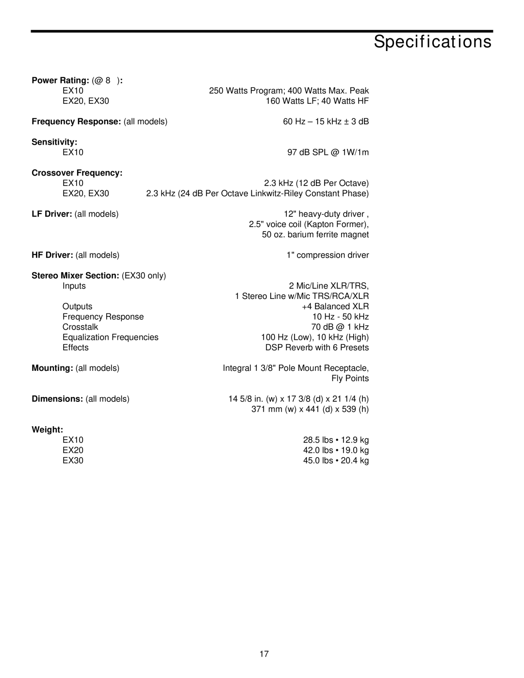 Samson EX10, EX20, EX30 owner manual Specifications, Crossover Frequency 