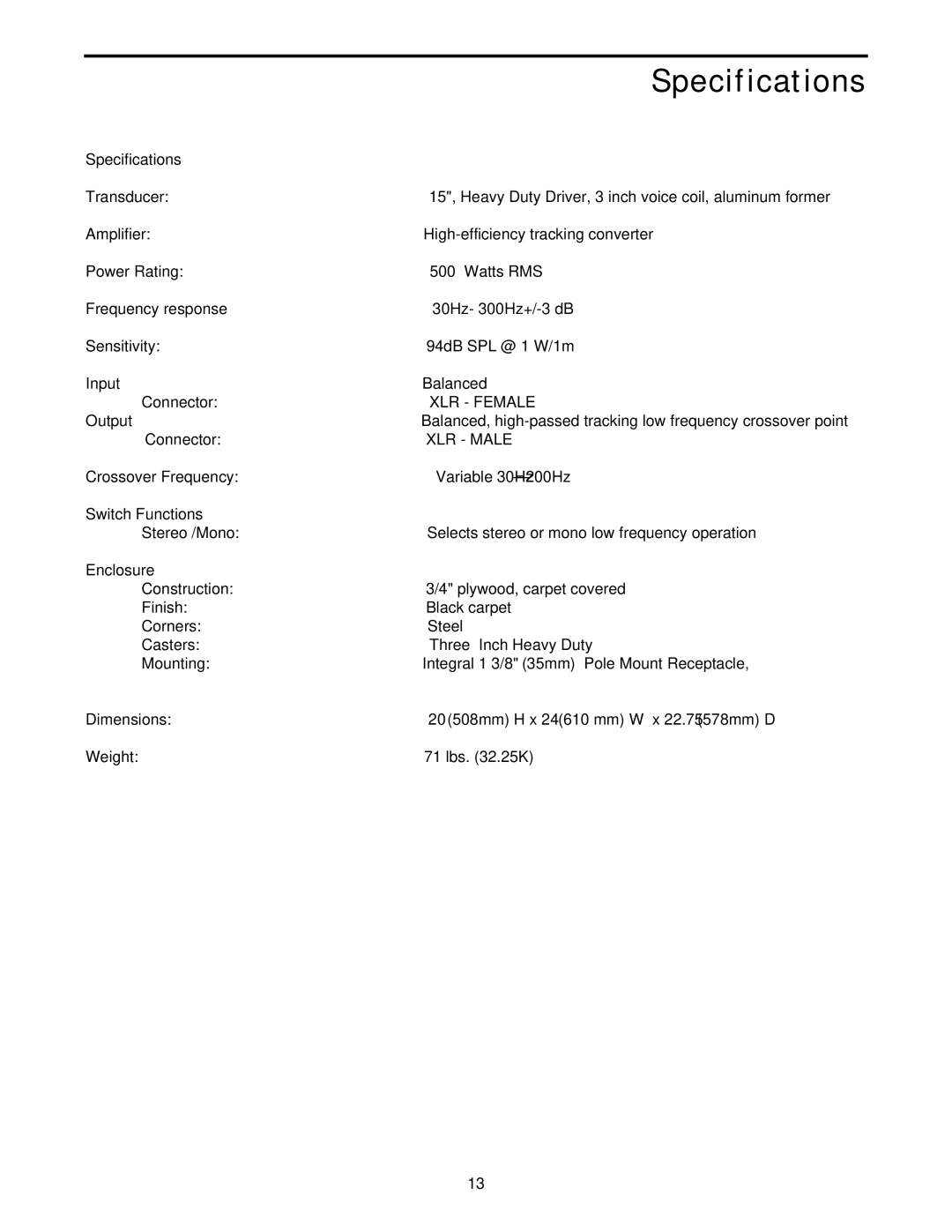 Samson EX500 owner manual Specifications 