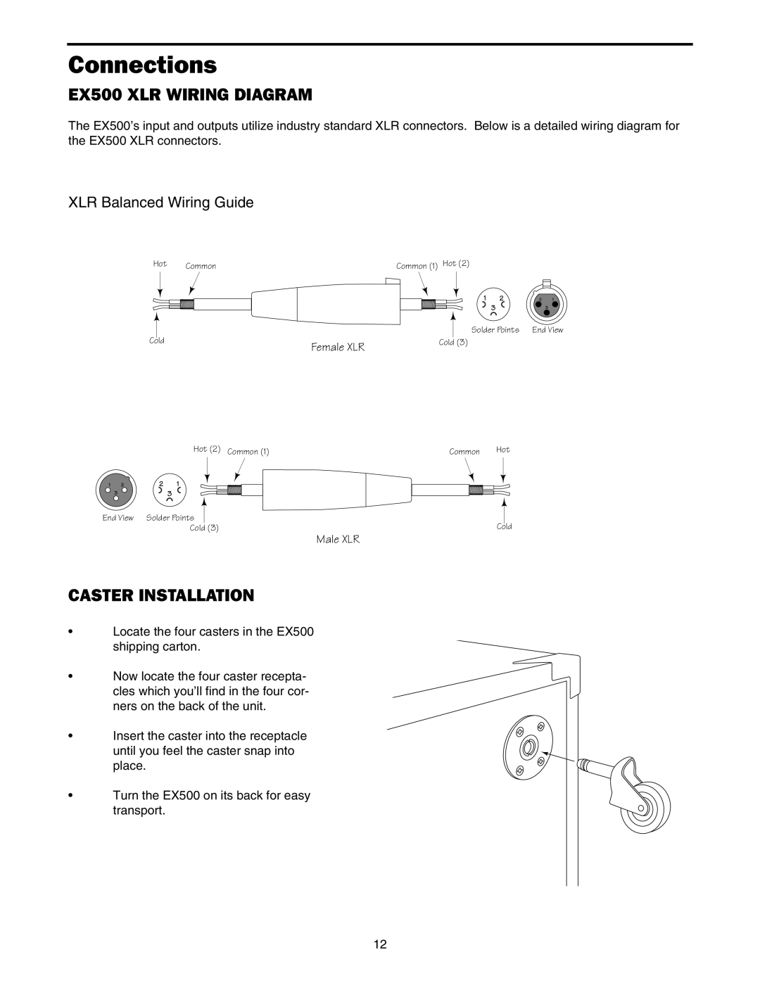 Samson owner manual Connections, EX500 XLR WIRING DIAGRAM, Caster Installation 