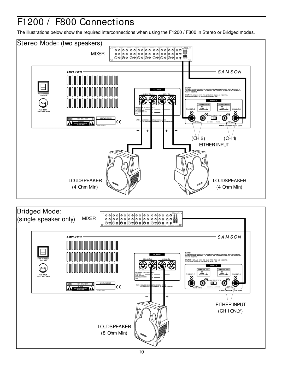 Samson owner manual F1200 / F800 Connections, Stereo Mode two speakers 