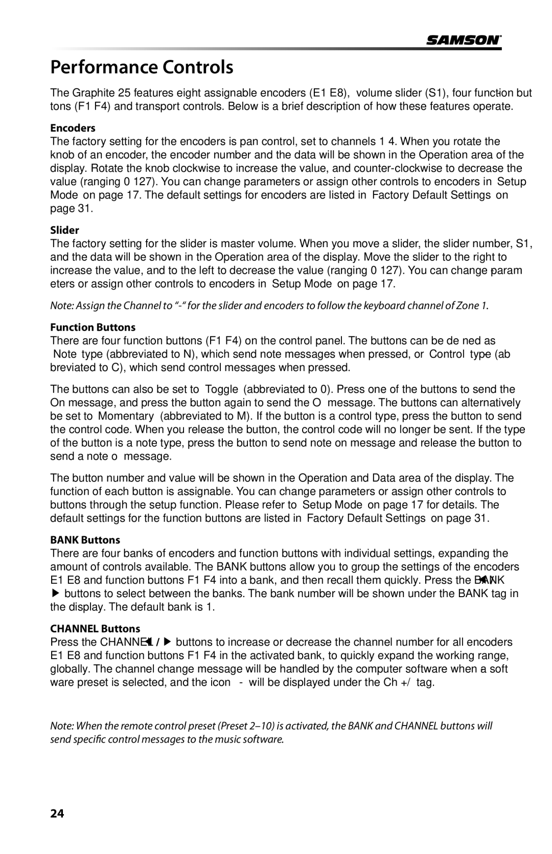 Samson Graphite 25 owner manual Performance Controls 