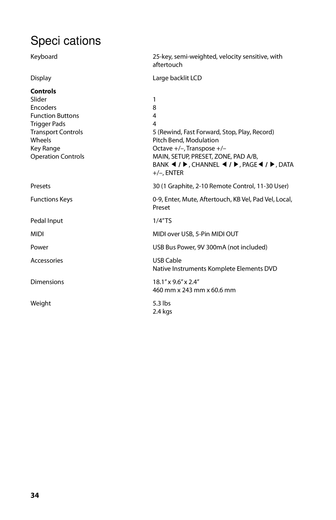 Samson Graphite 25 owner manual Specifications, Controls 