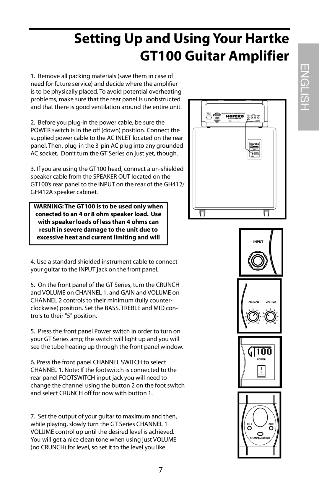 Samson GT100C manual Setting Up and Using Your Hartke GT100 Guitar Amplifier 