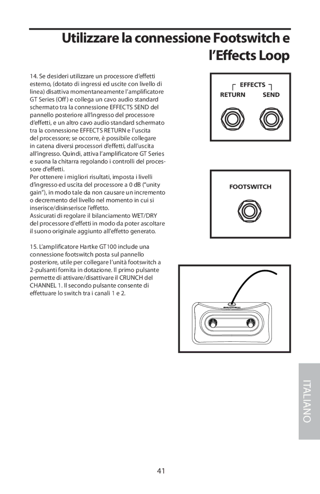 Samson GT100C manual Utilizzare la connessione Footswitch e l’Effects Loop 