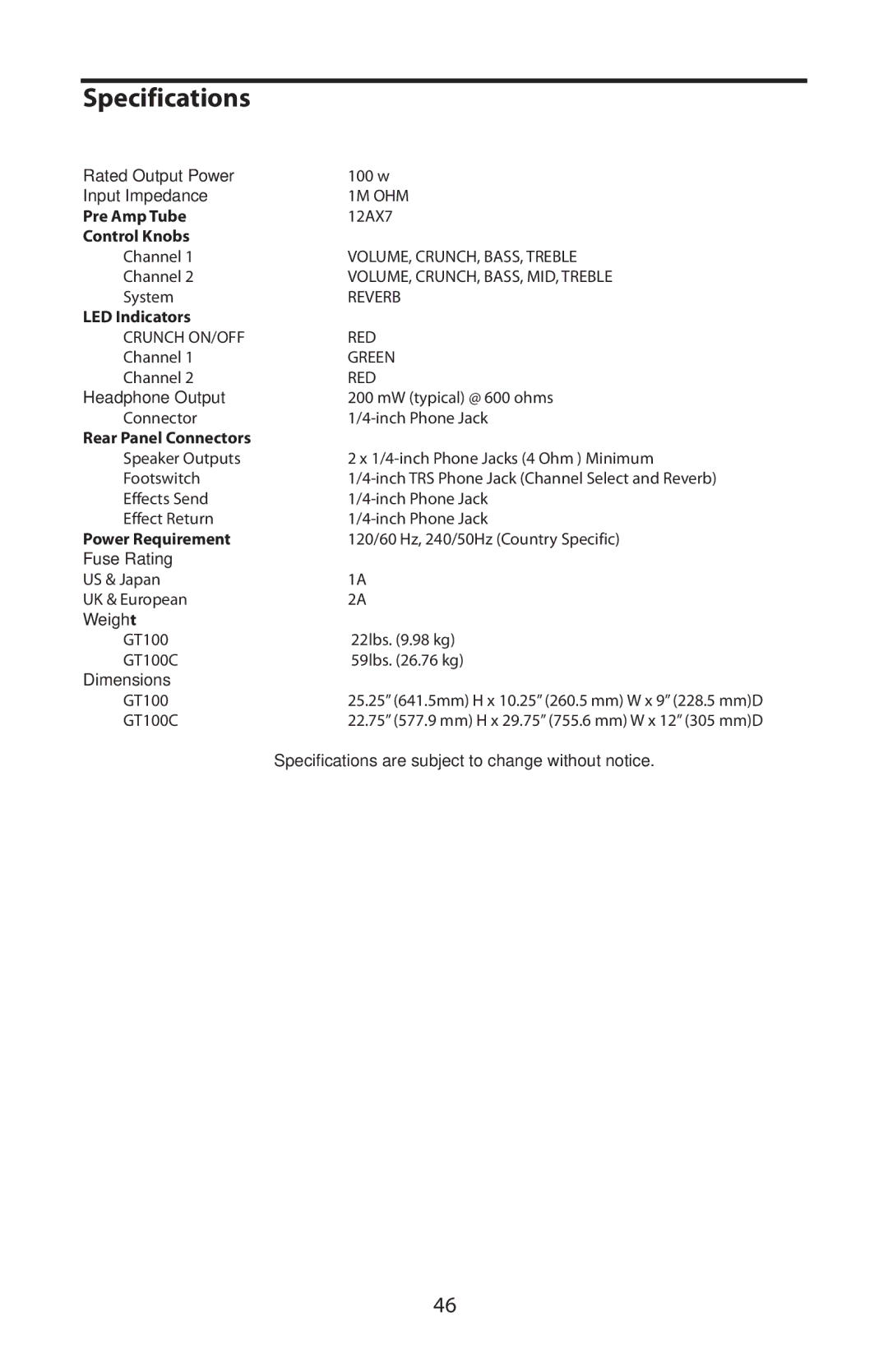 Samson GT100C manual Specifications, Rear Panel Connectors 