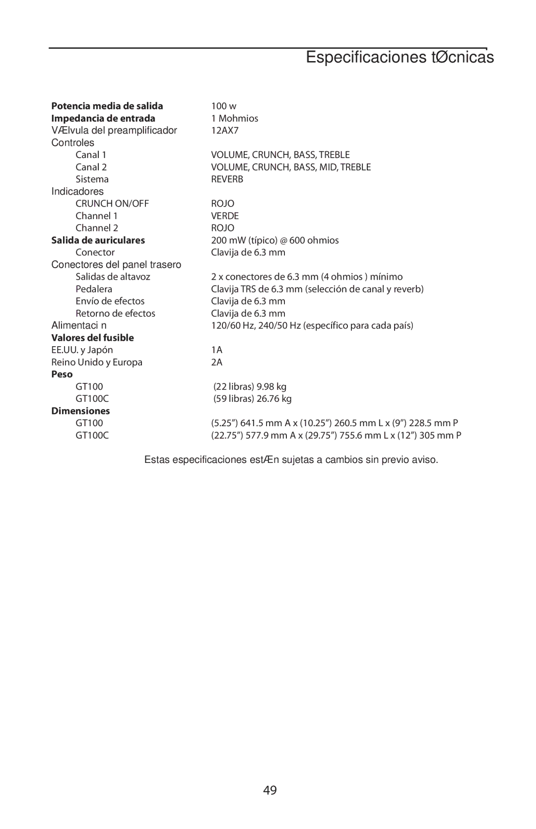 Samson GT100C manual Especificaciones técnicas, Conectores del panel trasero 