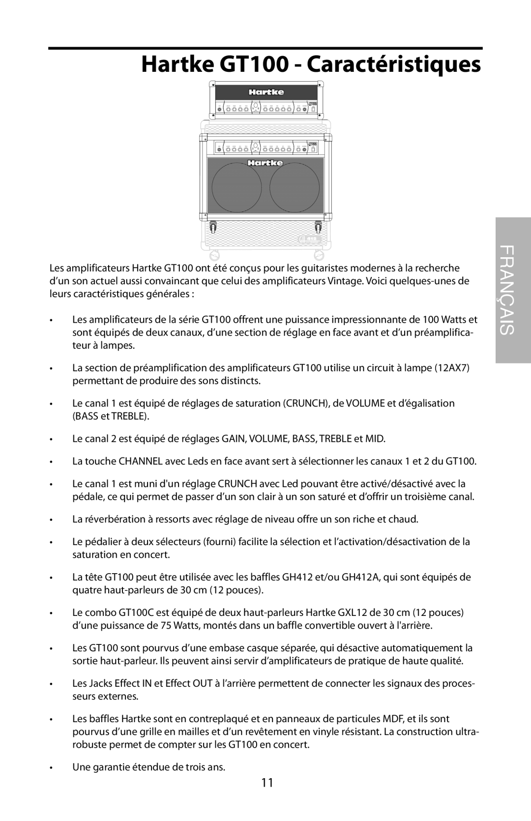 Samson GT100C manual Hartke GT100 - Caractéristiques, Français 