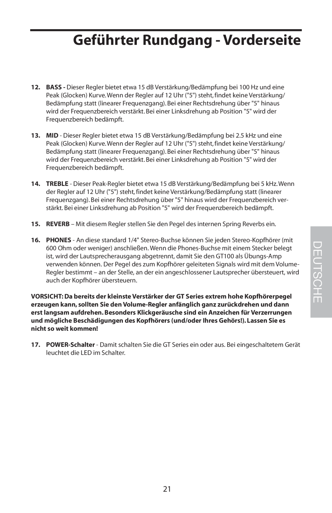 Samson GT100C manual Geführter Rundgang - Vorderseite, Deutsche 