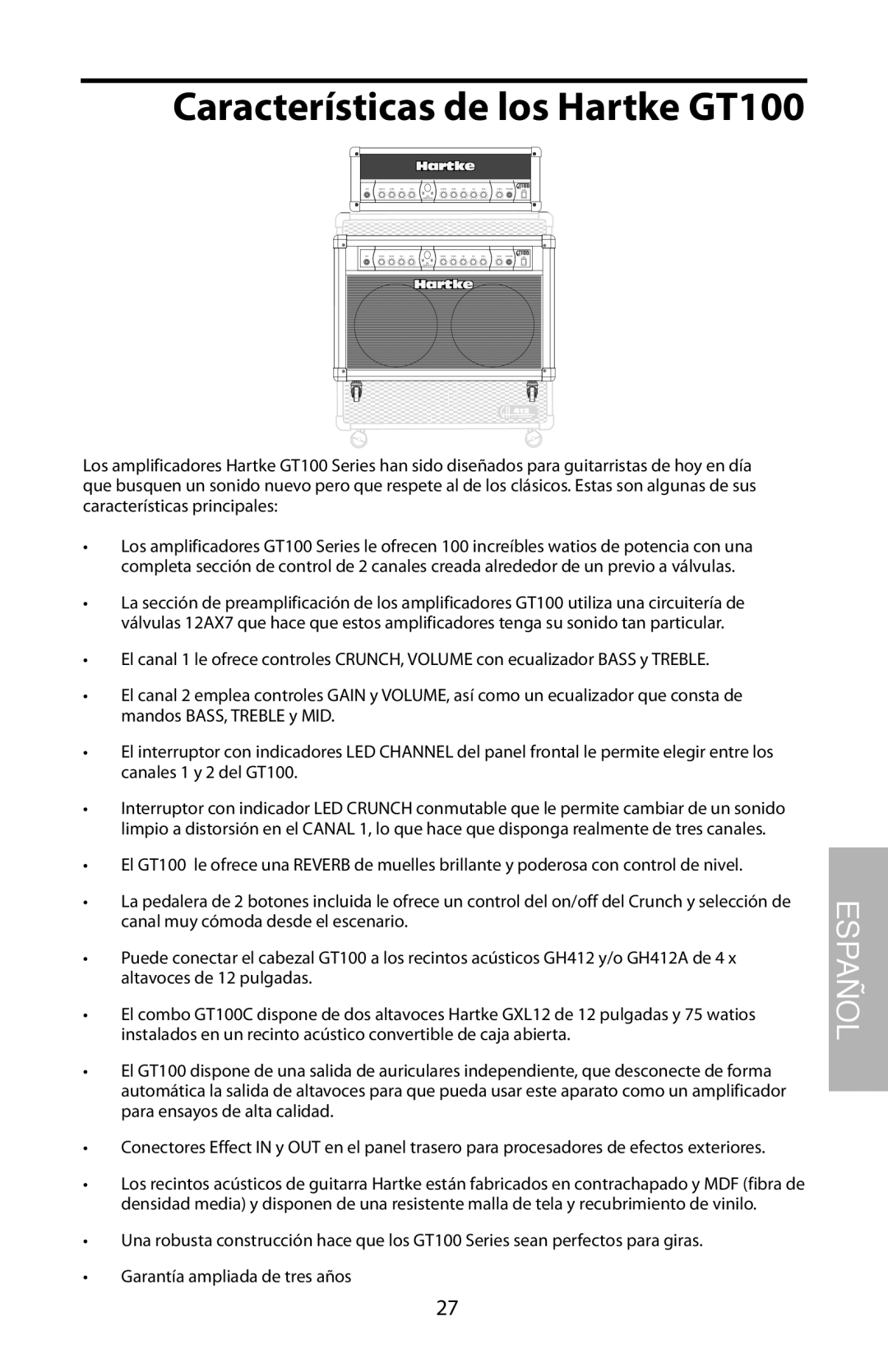 Samson GT100C manual Características de los Hartke GT100, Español 