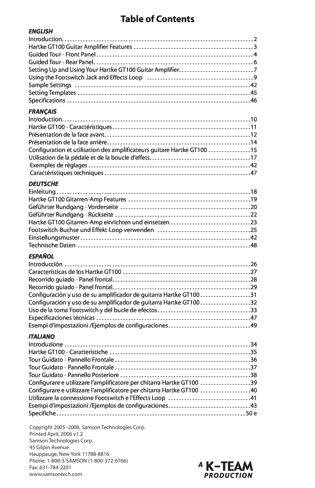 Samson GT100C manual Table of Contents, English, Français, Deutsche, Español, Italiano 