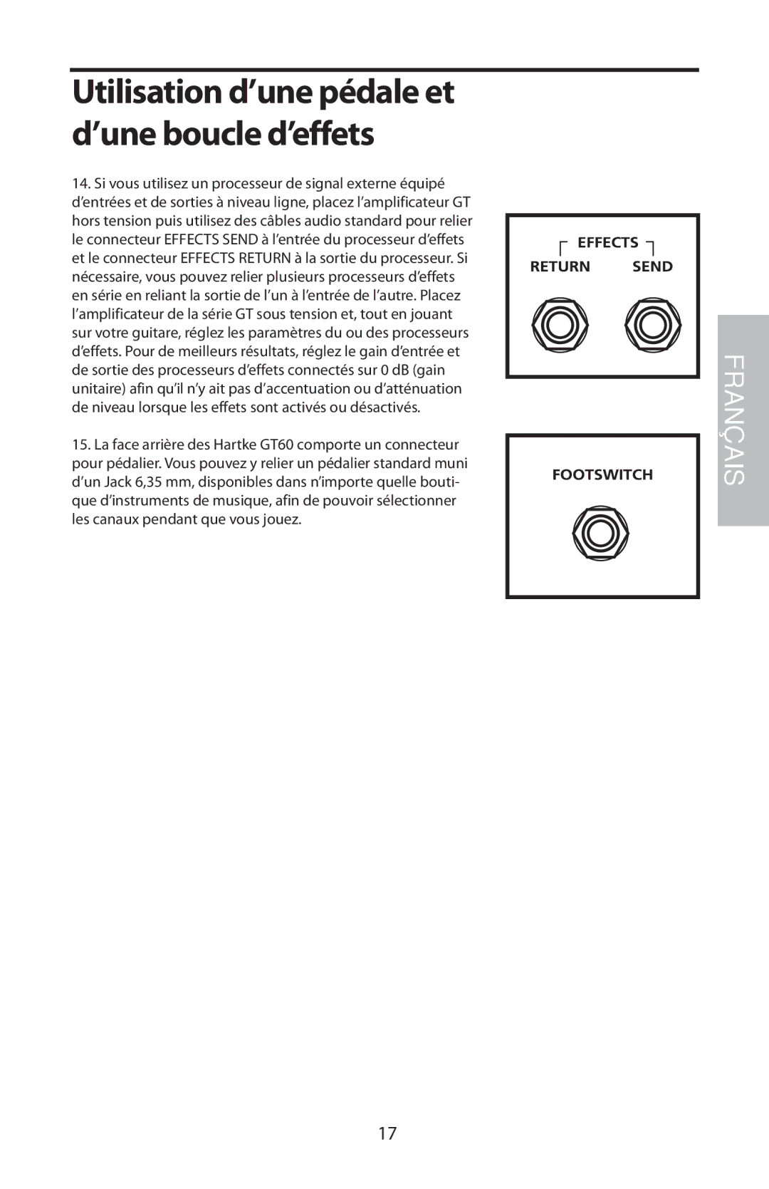 Samson GT60C, GT408 manual Utilisation d’une pédale et d’une boucle d’effets 