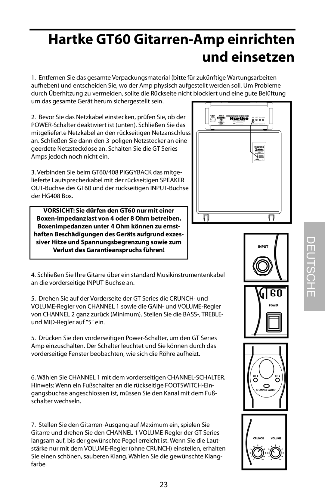 Samson GT60C, GT408 manual Hartke GT60 Gitarren-Amp einrichten und einsetzen 