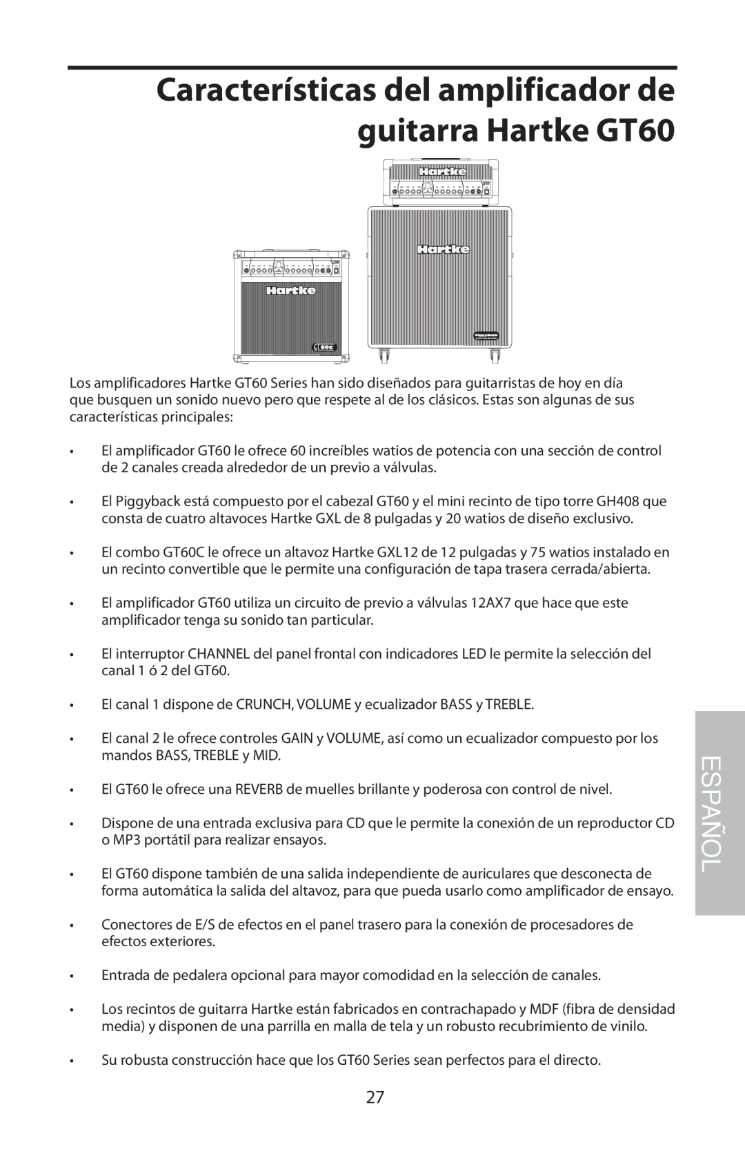 Samson GT408, GT60C manual Características del amplificador de guitarra Hartke GT60 