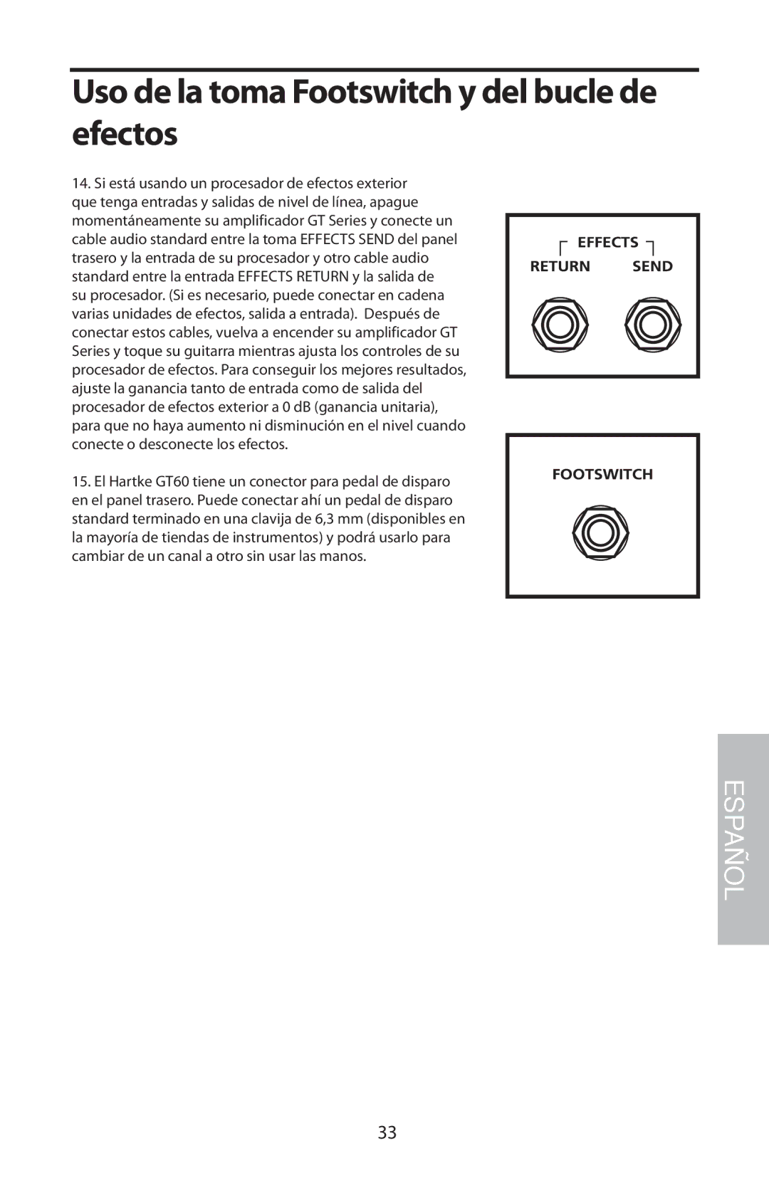 Samson GT408, GT60C manual Uso de la toma Footswitch y del bucle de efectos 