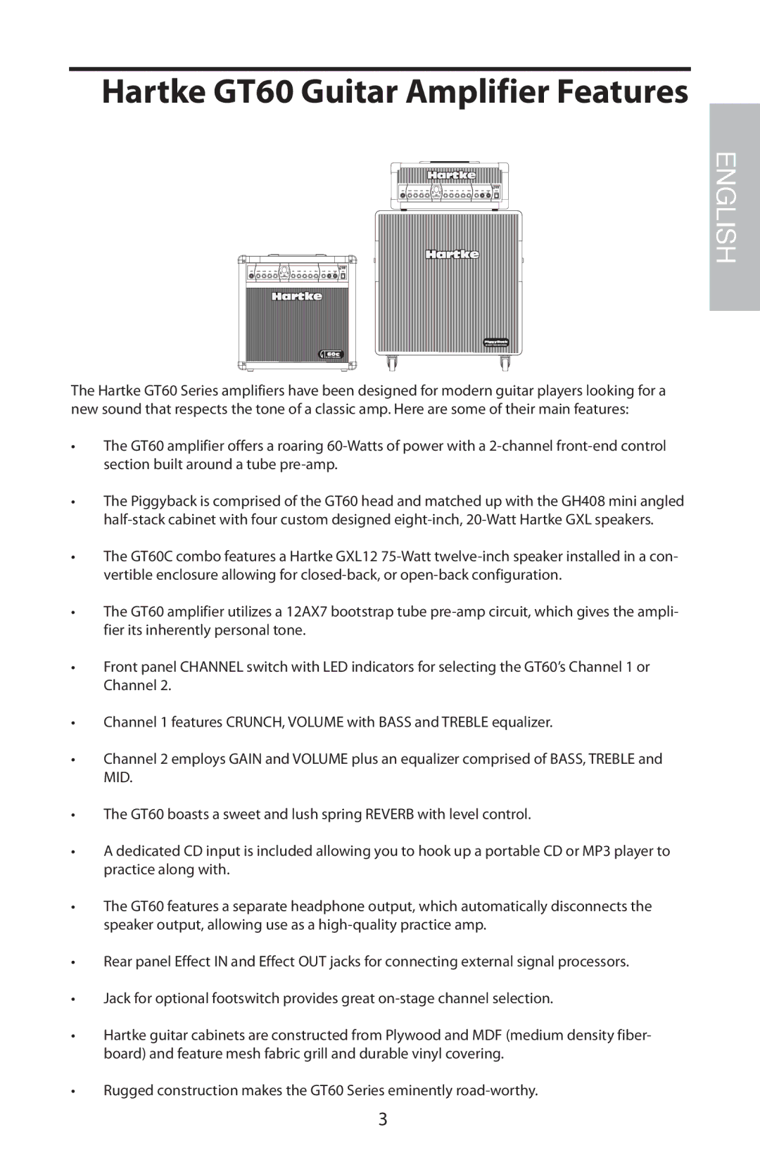 Samson GT408, GT60C manual Hartke GT60 Guitar Amplifier Features 
