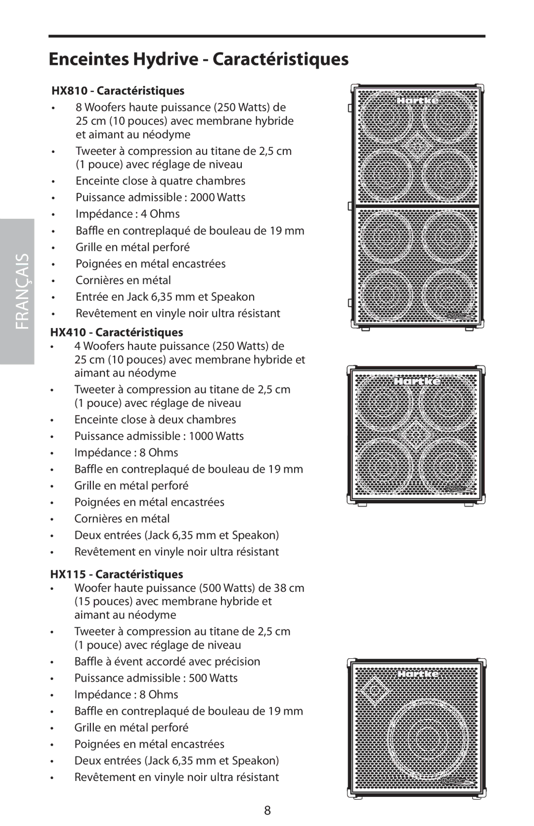 Samson manual Enceintes Hydrive Caractéristiques, HX810 Caractéristiques, HX410 Caractéristiques, HX115 Caractéristiques 